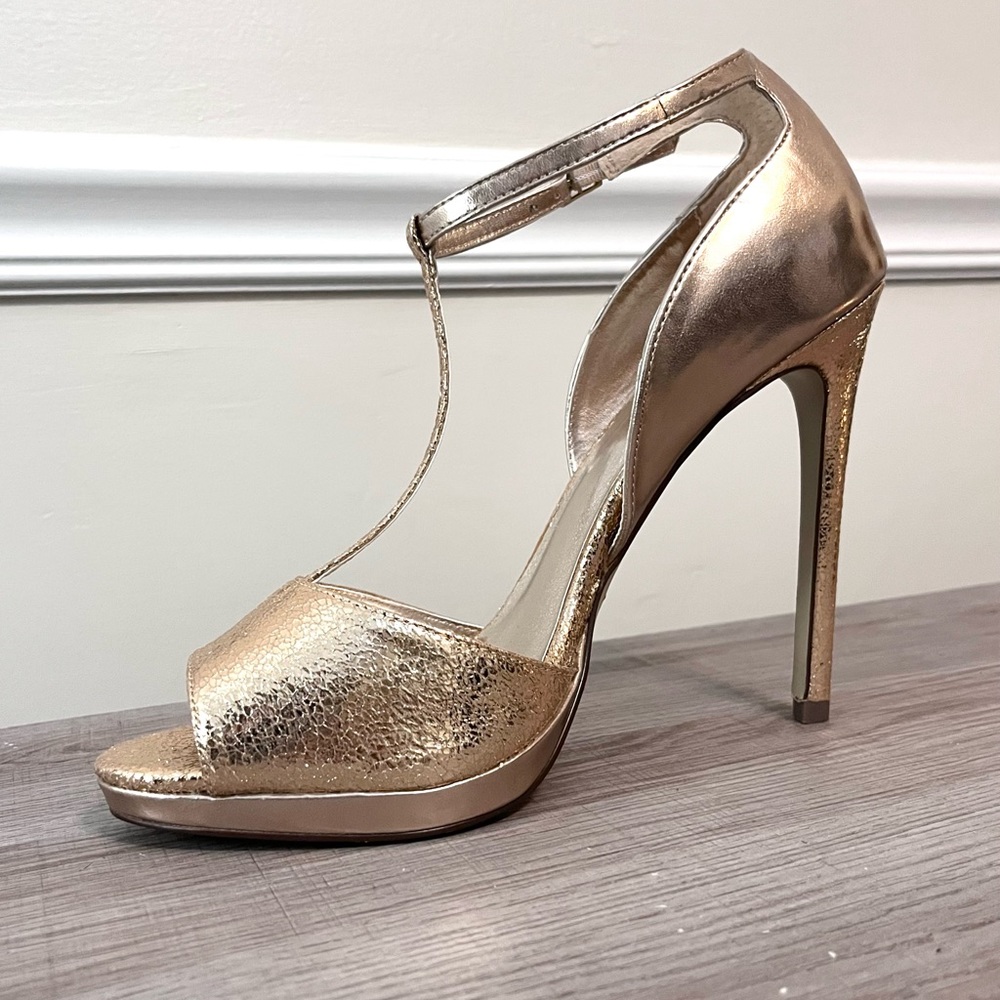 bebe Gold Foil Open-Toe Ankle Strap Heels, 8.5